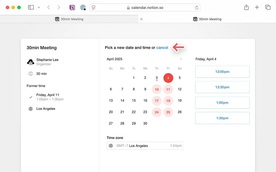 Klicke auf den Link in deiner E-Mail-Kalendereinladung, um den Termin zu verschieben oder abzusagen.
