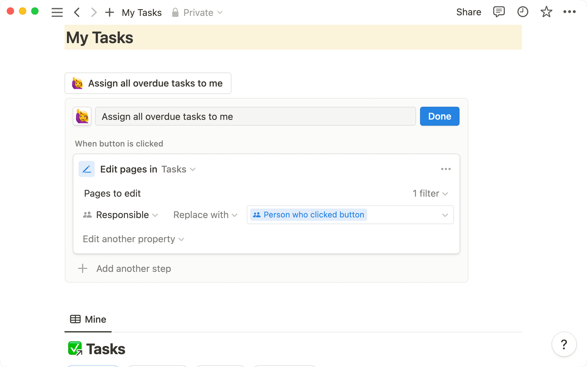 Du kannst einen Button konfigurieren, um bestimmte Einträge in einer Datenbank zu bearbeiten, je nachdem, welche Filter du anwendest.