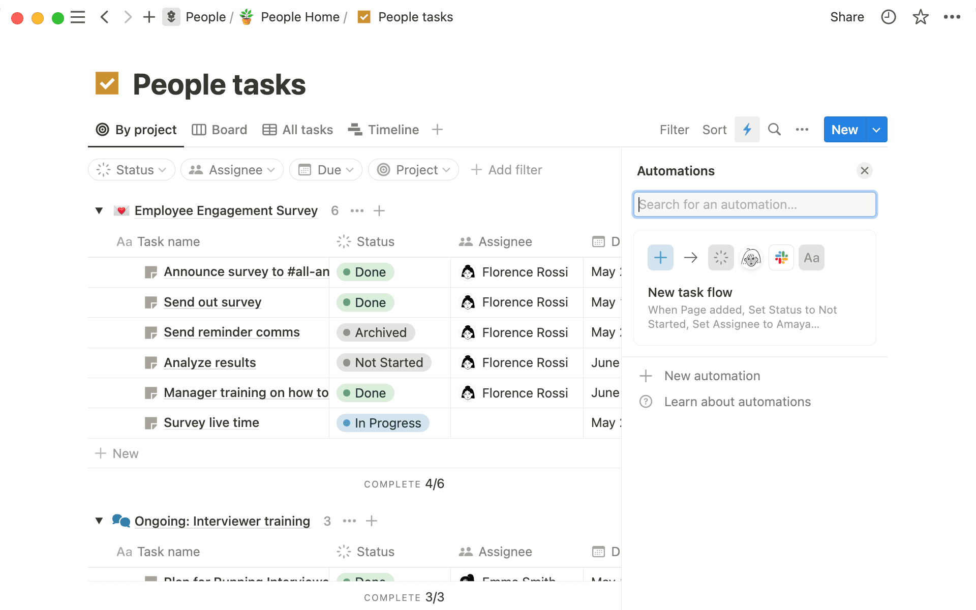 Füge Automatisierungen zu jeder Datenbank hinzu — sie sind jedoch im Projekt- und Aufgabenmanagement besonders leistungsfähig.